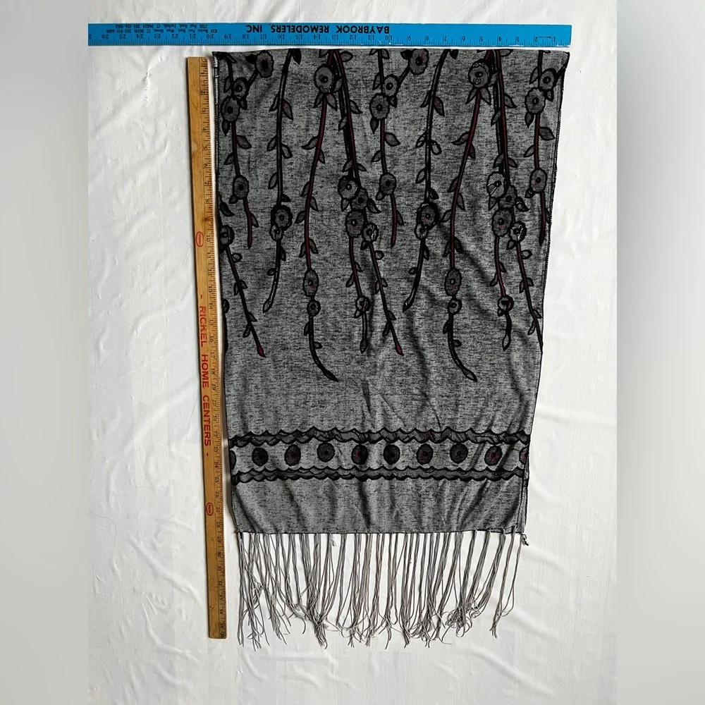 Floral Gray Scarf Fringe reversible silky flowy Black silver Sparkly lightweight